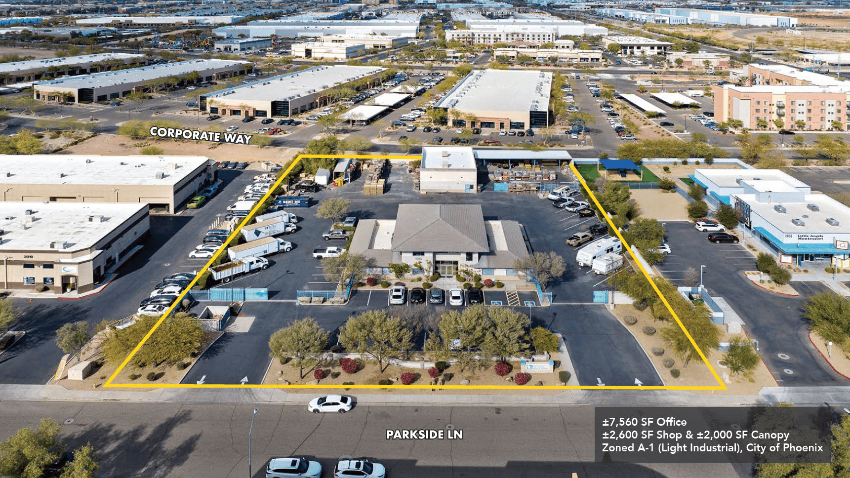 Aerial view of industrial property at 1912 W Parkside Ln in Phoenix, Arizona showing warehouse building, access points, and surrounding site area.