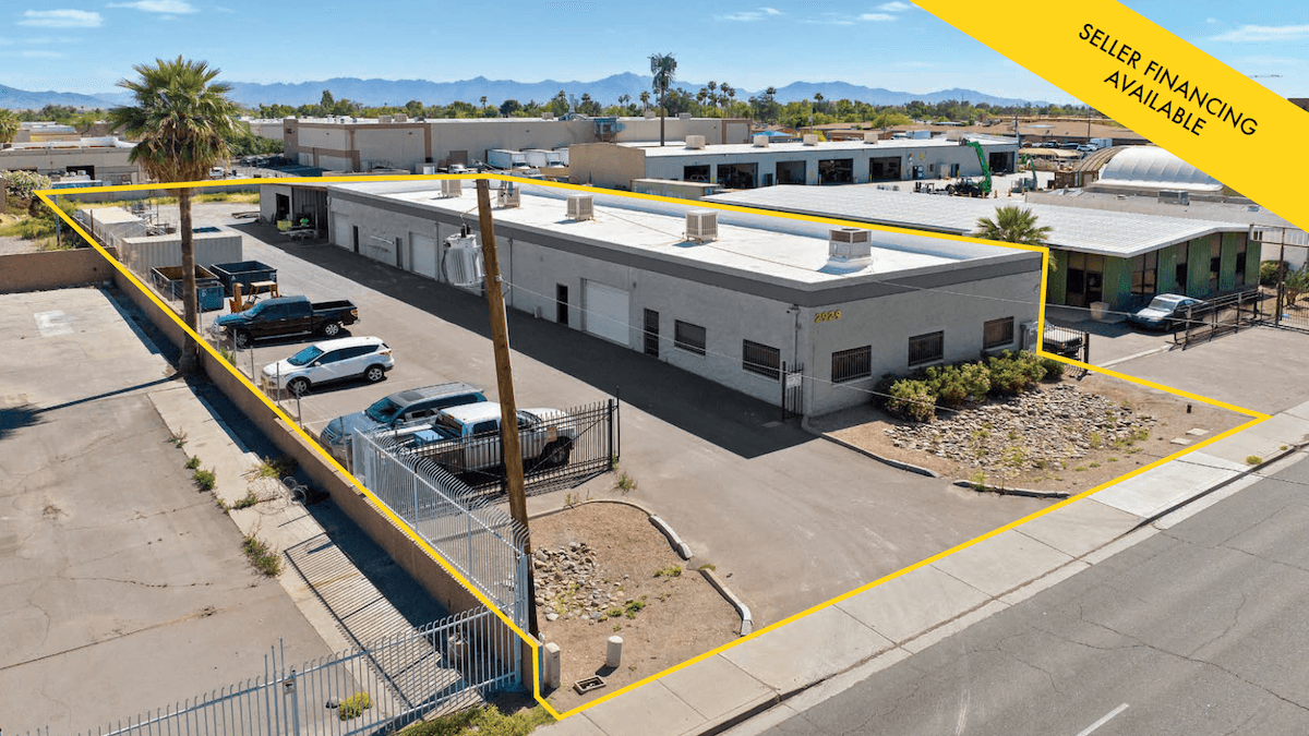 Aerial view of industrial property at 2929 W McDowell Rd in Phoenix, Arizona showing warehouse building, access points, and surrounding site area.