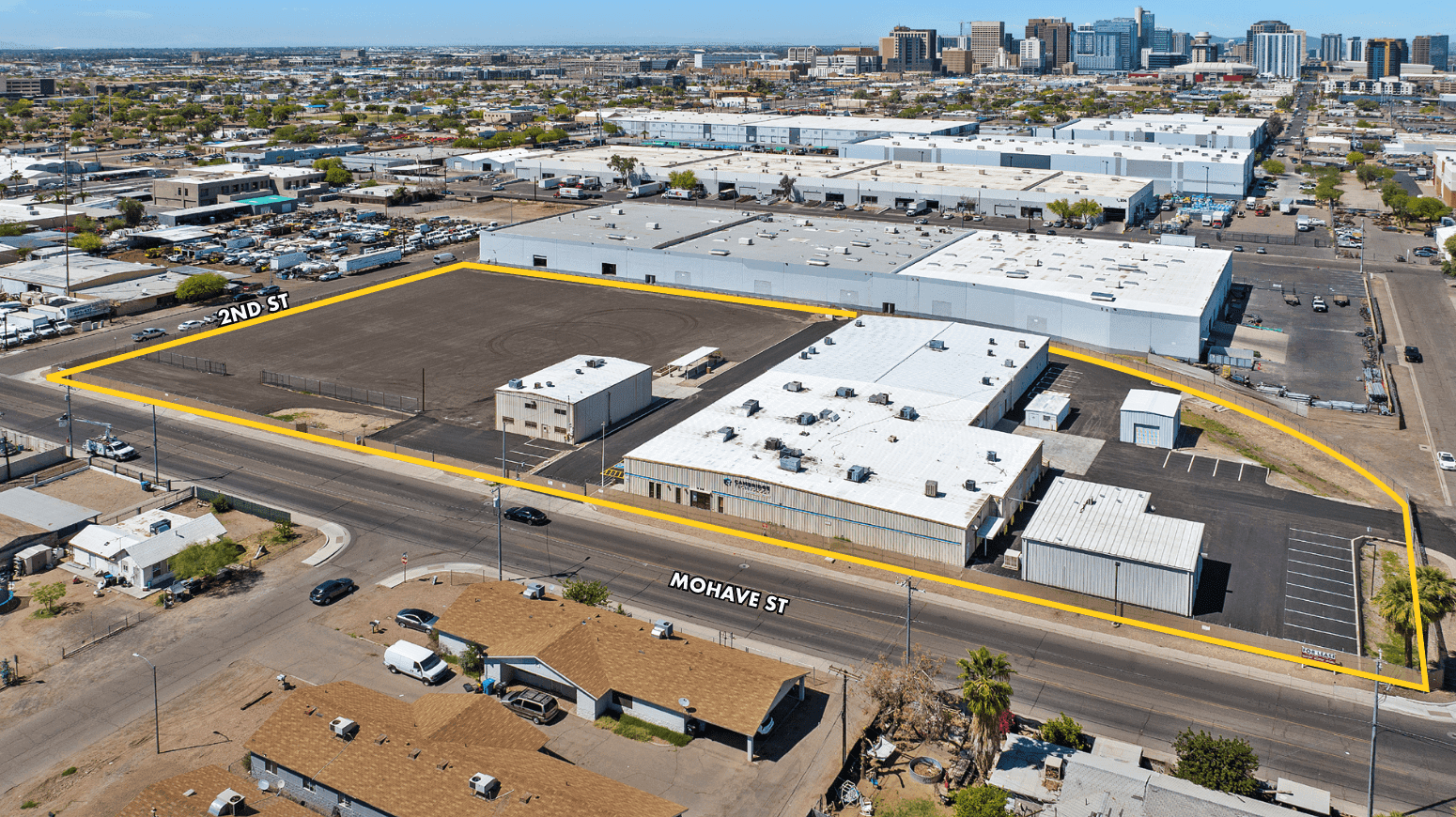 Aerial view of industrial property at 234 E Mohave St in Phoenix, Arizona showing warehouse building, access points, and surrounding site area.