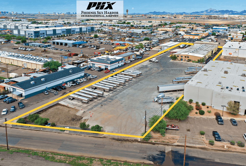 Aerial view of industrial property at 4040 E Superior Ave in Phoenix, Arizona showing warehouse building, access points, and surrounding site area.
