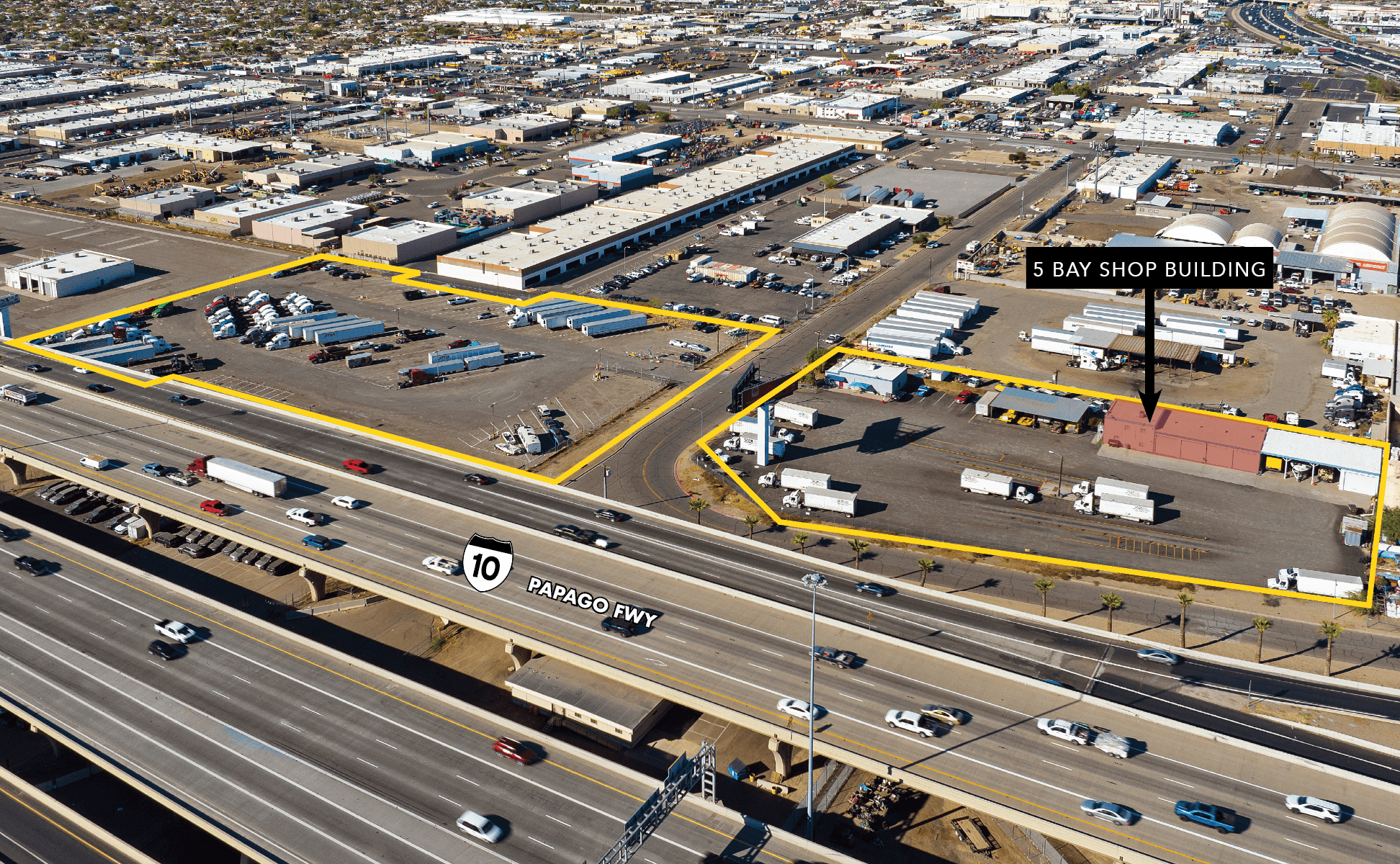 Aerial view of industrial property at 1313 N 25th Ave in Phoenix, Arizona showing warehouse building, access points, and surrounding site area.