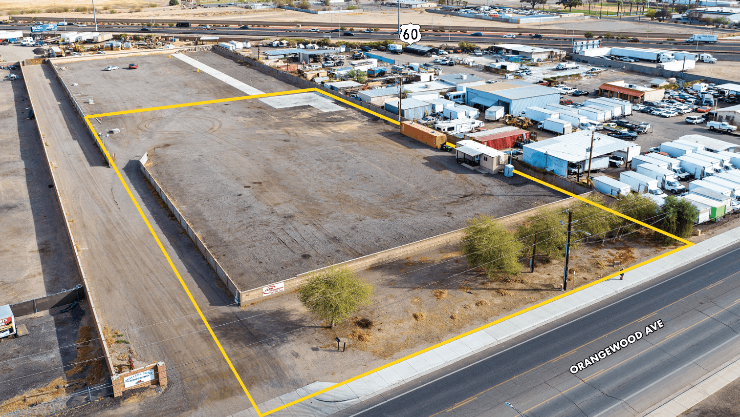 Aerial view of industrial property at 6362 W Orangewood Ave in Phoenix, Arizona showing warehouse building, access points, and surrounding site area.