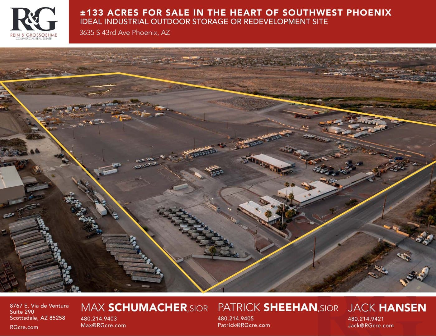 Aerial view of industrial property at 3635 S 43rd Ave in Phoenix, Arizona showing warehouse building, access points, and surrounding site area.
