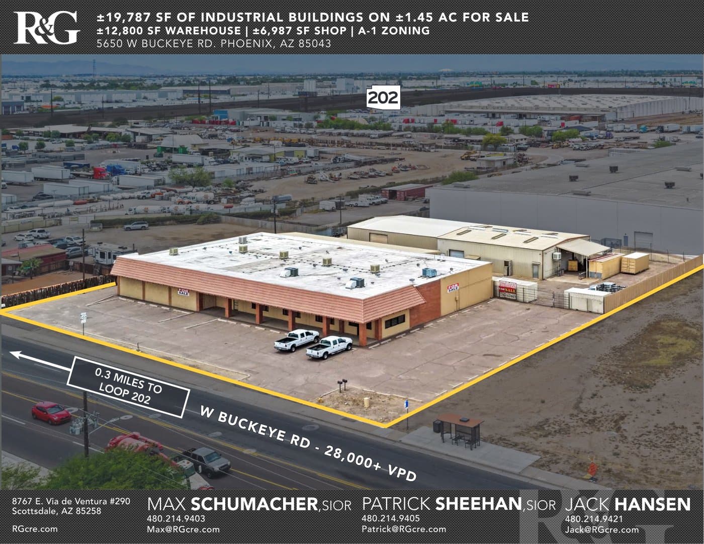 Aerial view of industrial property at 5650 W Buckeye Rd in Phoenix, Arizona showing warehouse building, access points, and surrounding site area.