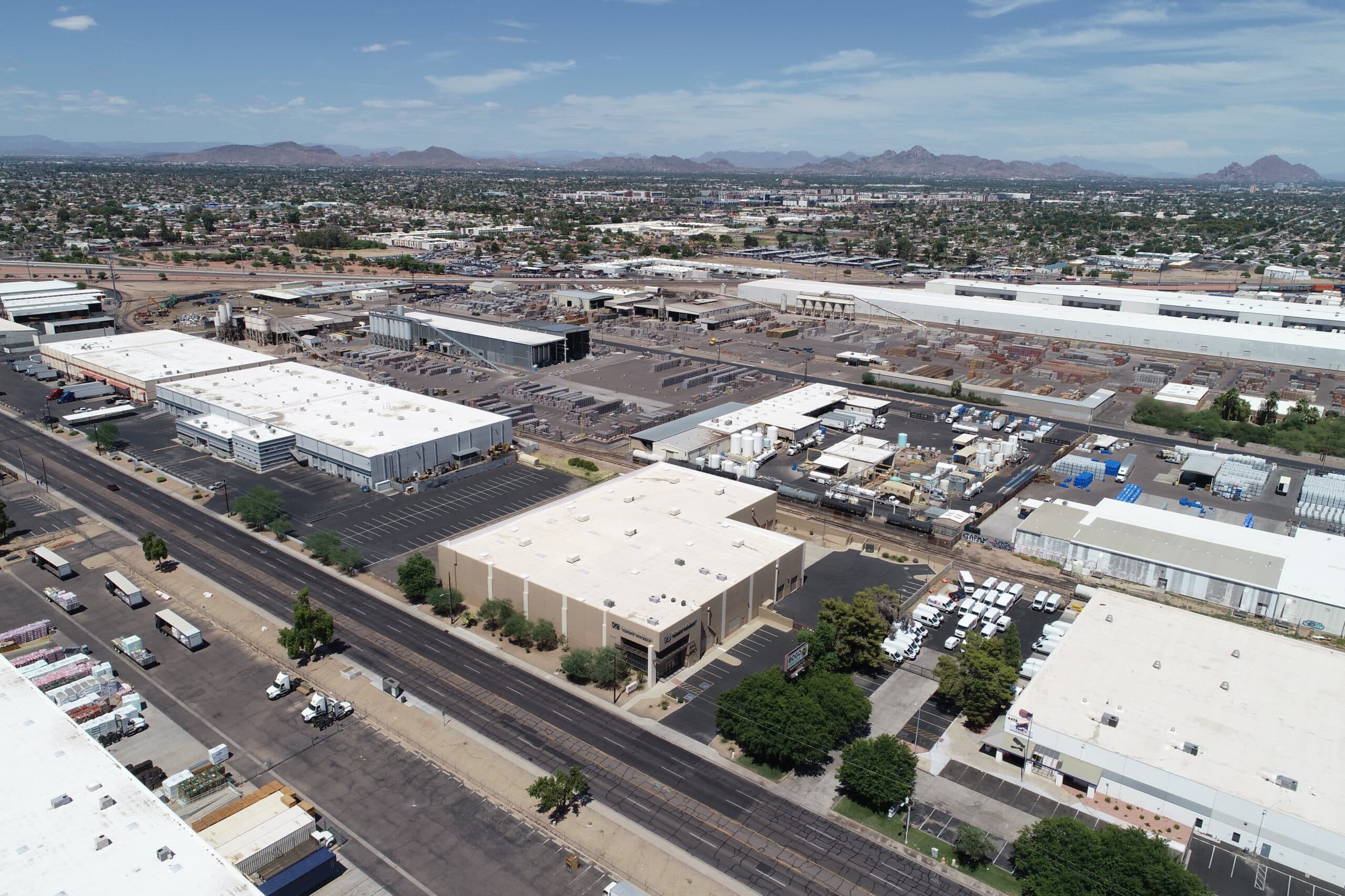 Aerial view of industrial property at 4507 N 43rd Ave in Phoenix, Arizona showing warehouse building, access points, and surrounding site area.