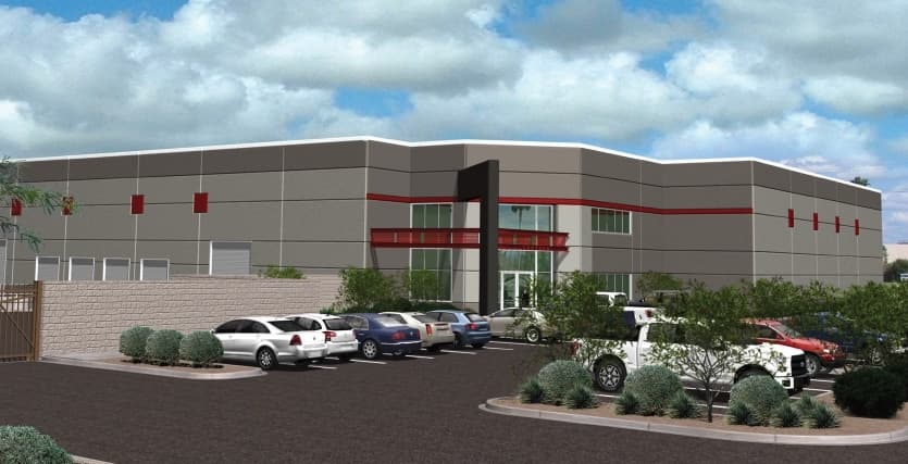 Aerial view of industrial property at 6005 W Sherman St in Phoenix, Arizona showing warehouse building, access points, and surrounding site area.